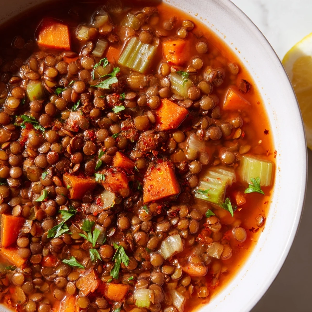 Steam rises from a bowl of Spicy Lentil Soup with Carrots and Celery, served alongside crusty bread for dipping.  