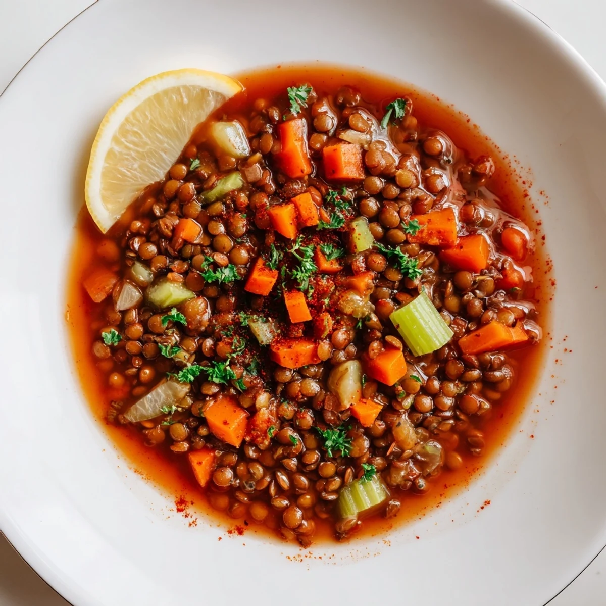 Rustic table setting featuring a pot of Spicy Lentil Soup with Carrots and Celery, ready for a cozy family meal.