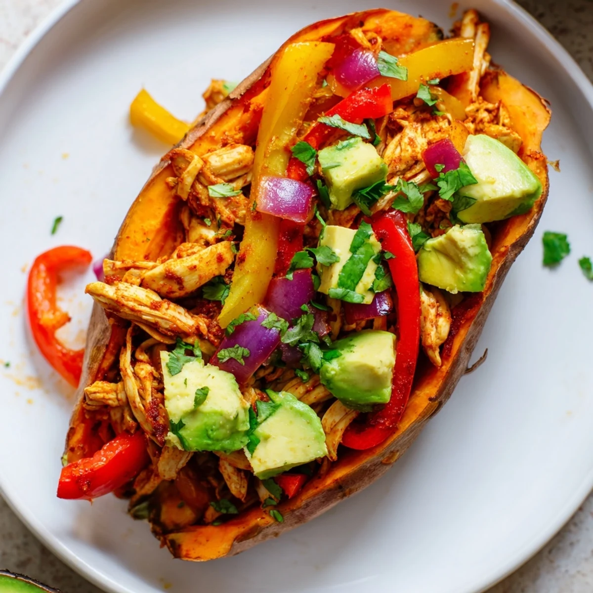 Golden-brown baked sweet potatoes sliced open and stuffed with fajita-spiced chicken, peppers, and onions, topped with fresh avocado and cilantro.
