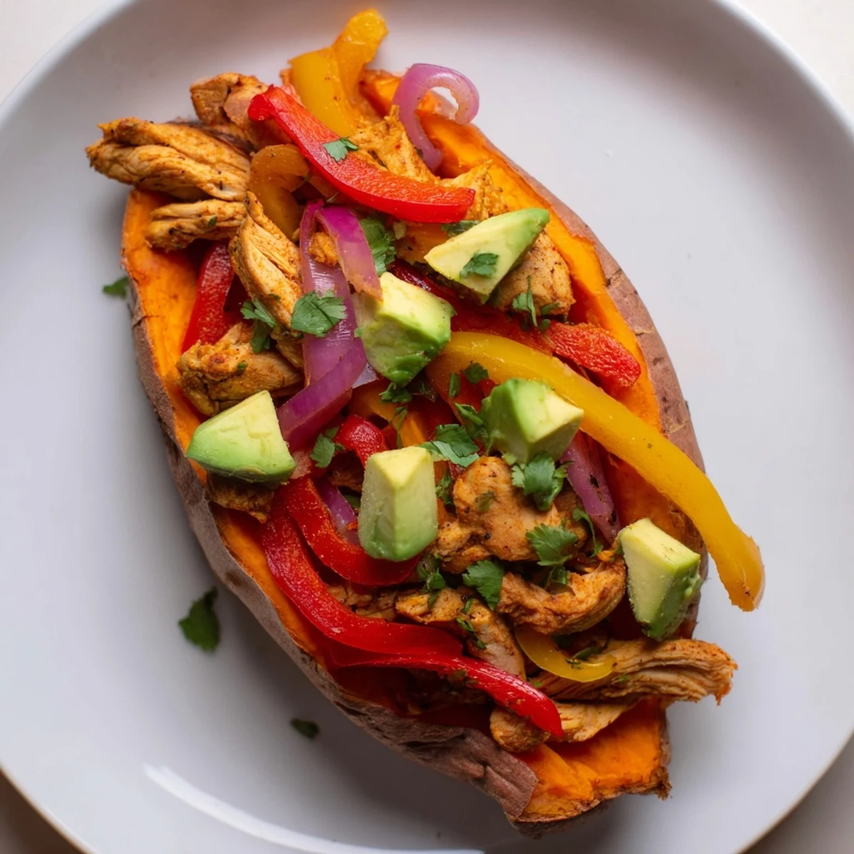 Freshly made Chicken Fajita Stuffed Sweet Potatoes served on a white plate with lime wedges and a dollop of sour cream.