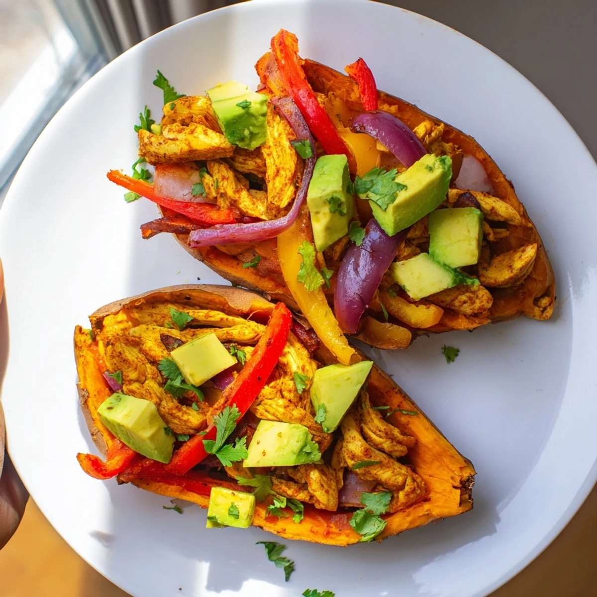 Close-up view of Chicken Fajita Stuffed Sweet Potatoes, highlighting tender sweet potato flesh and juicy Tex-Mex chicken filling.