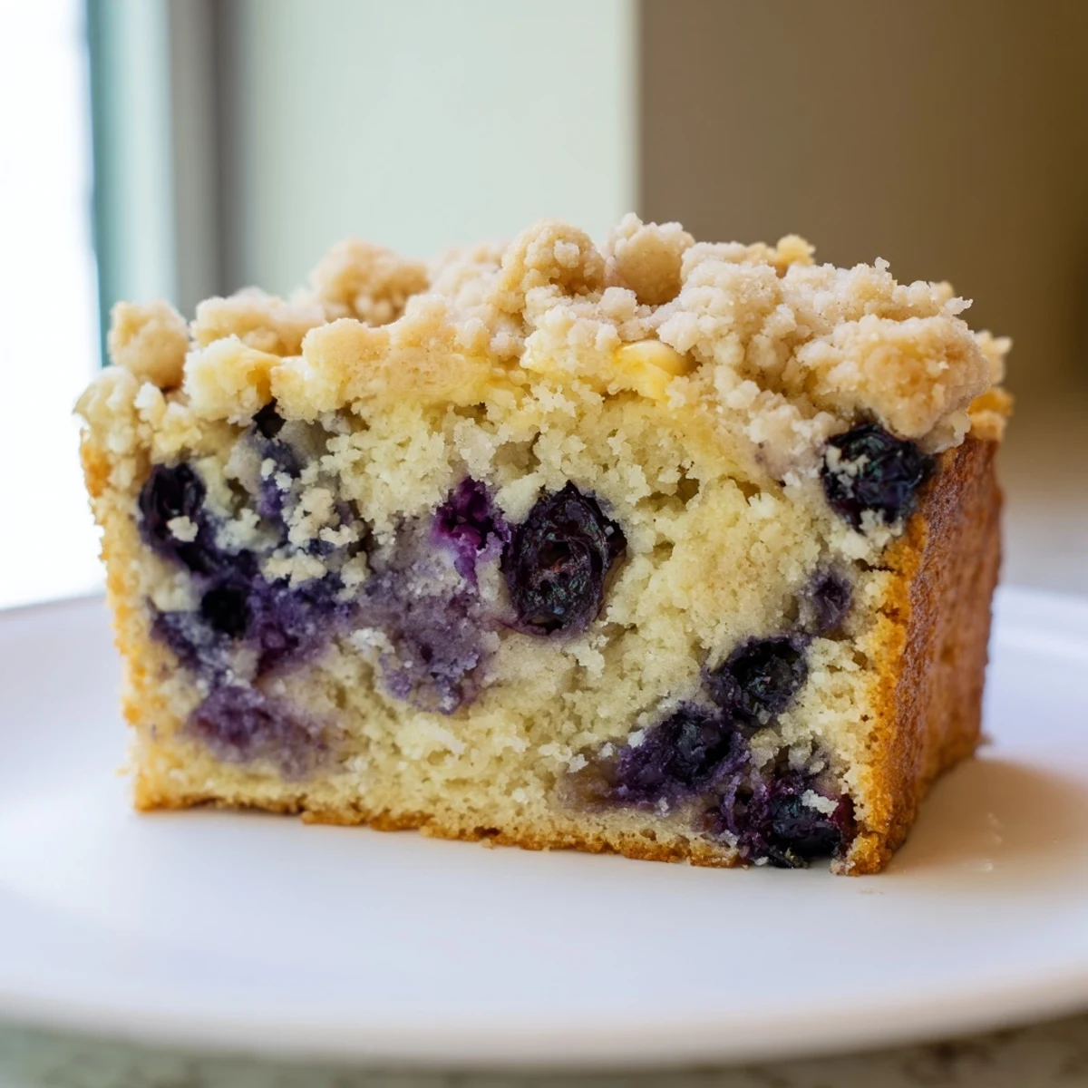 A slice of homemade Lemon Blueberry Bread with streusel topping reveals juicy blueberries nestled in moist, zesty crumb on a rustic wooden board.