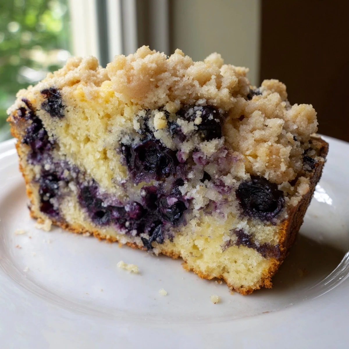 Freshly baked Lemon Blueberry Bread with a golden, buttery streusel topping, served on a ceramic plate beside a cup of hot tea.