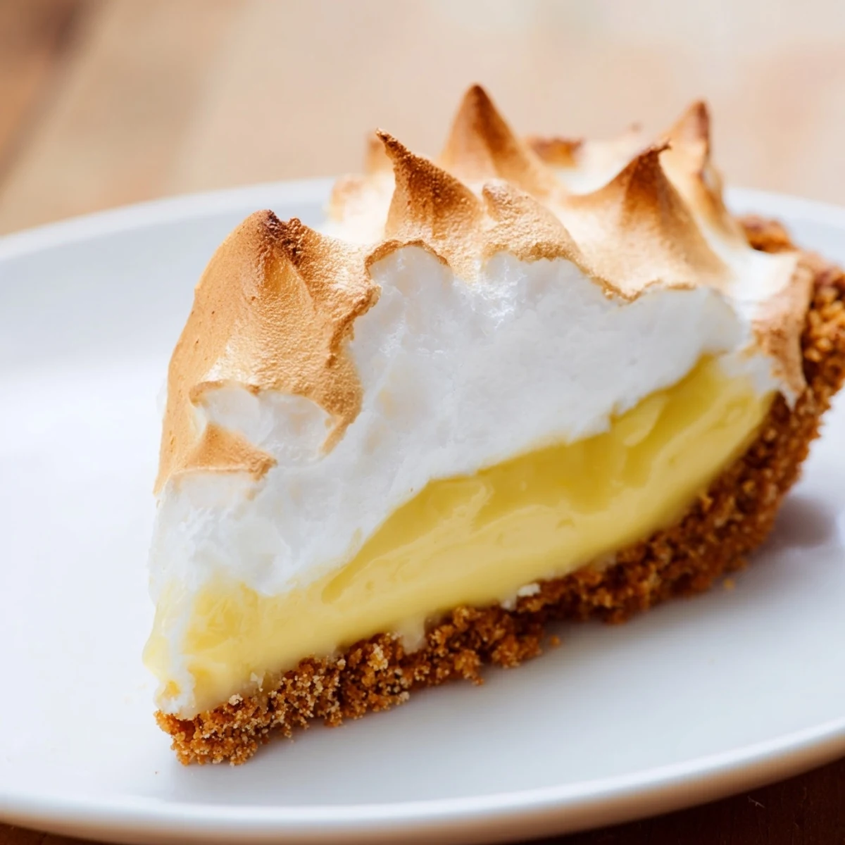 A close-up of the finished Lemon Meringue Pie with Graham Cracker Crust, showing a fluffy, golden-brown meringue and bright yellow lemon filling.