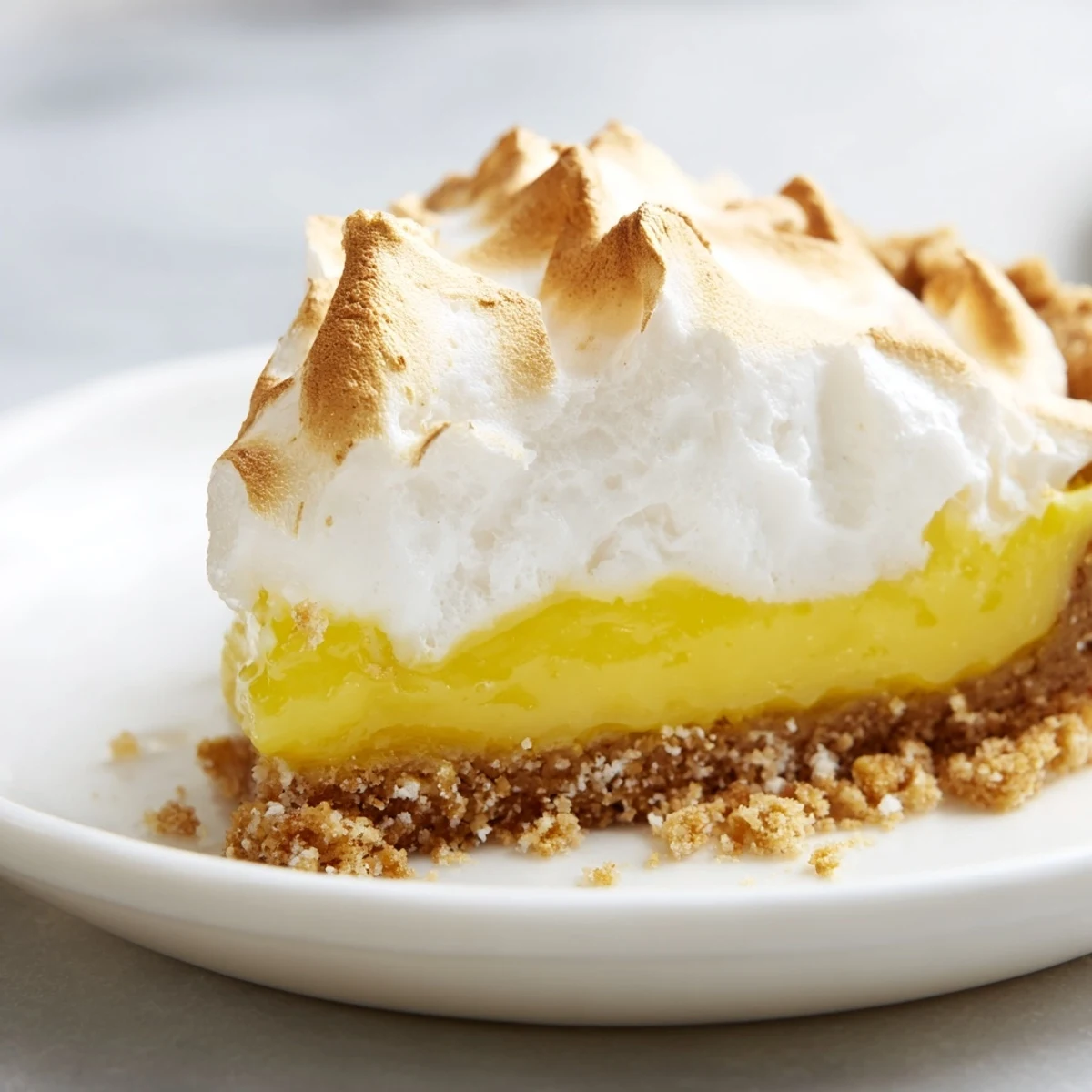 A slice of Lemon Meringue Pie with Graham Cracker Crust on a white plate, highlighting the crumbly crust and zesty lemon texture.