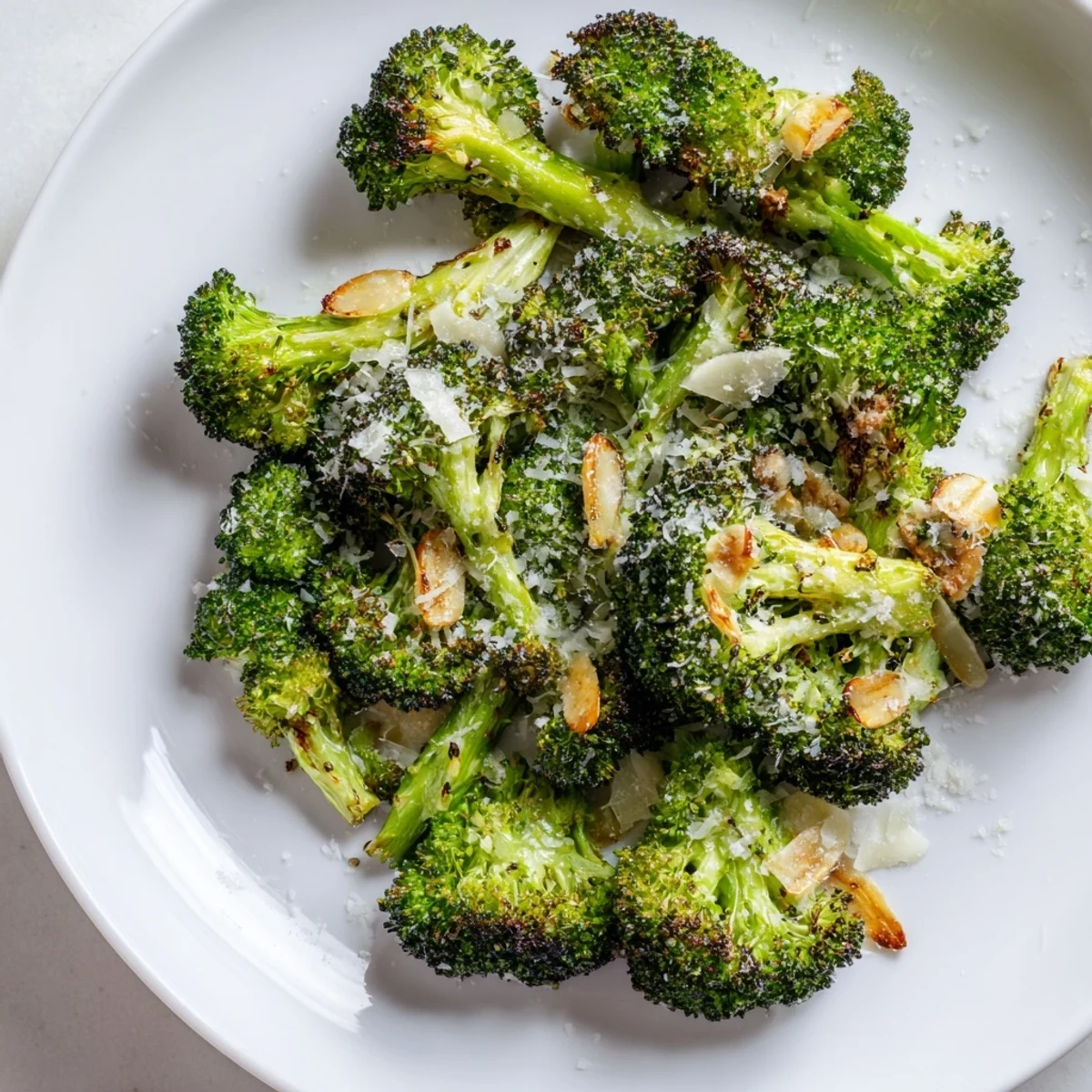 Roasted broccoli with garlic and Parmesan, featuring tender-crisp florets with melted cheese and garlic slices.