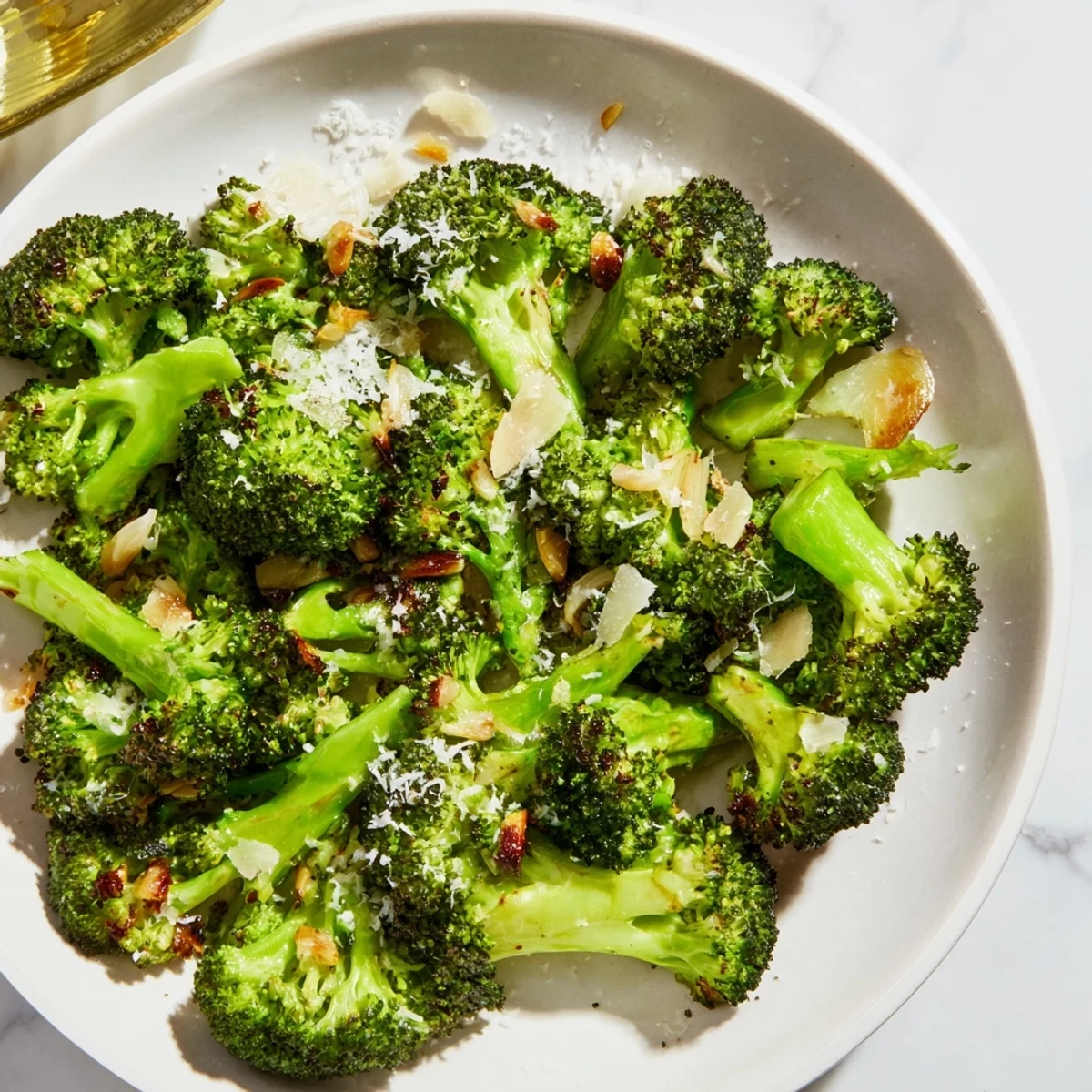 A close-up of roasted broccoli with garlic and Parmesan, garnished with fresh parsley and lemon zest.