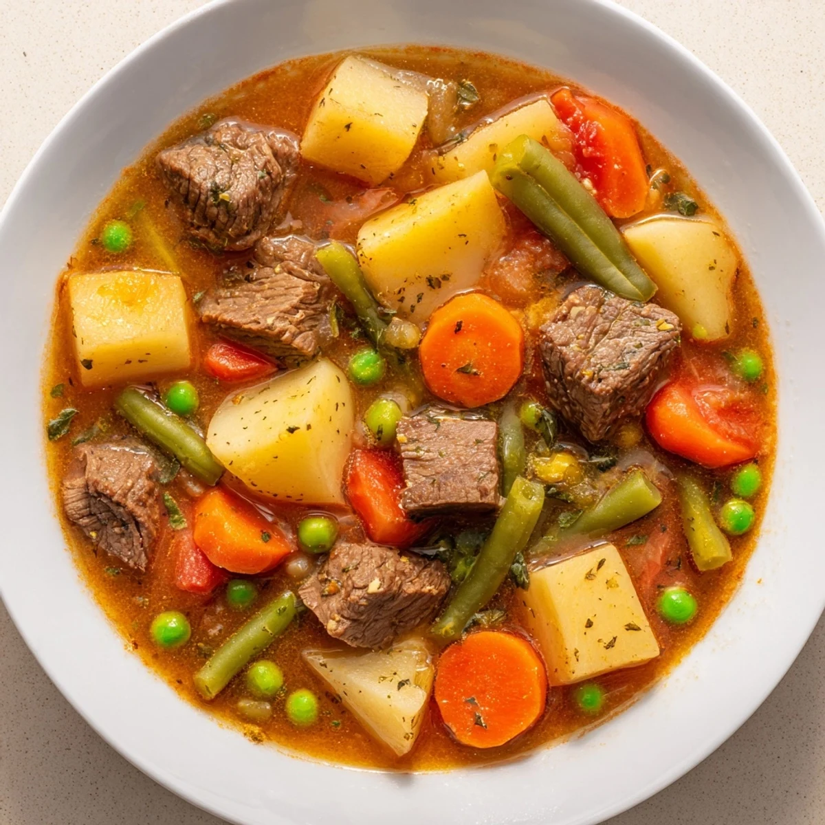 A steaming bowl of Beef Vegetable Soup with Potatoes, brimming with tender beef chunks and vibrant diced carrots in a savory broth.  