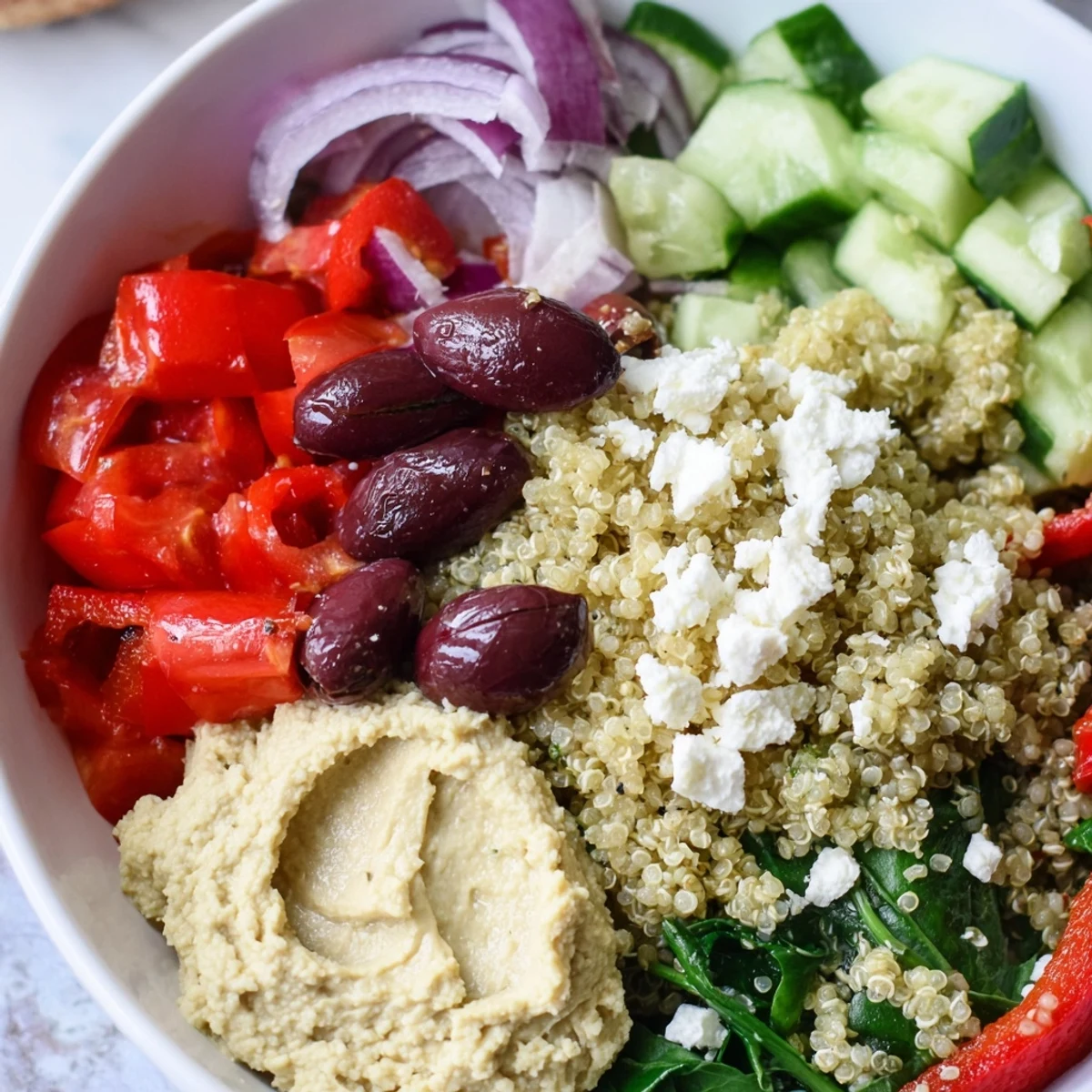 A vibrant Mediterranean Quinoa Bowl with hummus, fluffy quinoa, and colorful veggies on a wooden table.