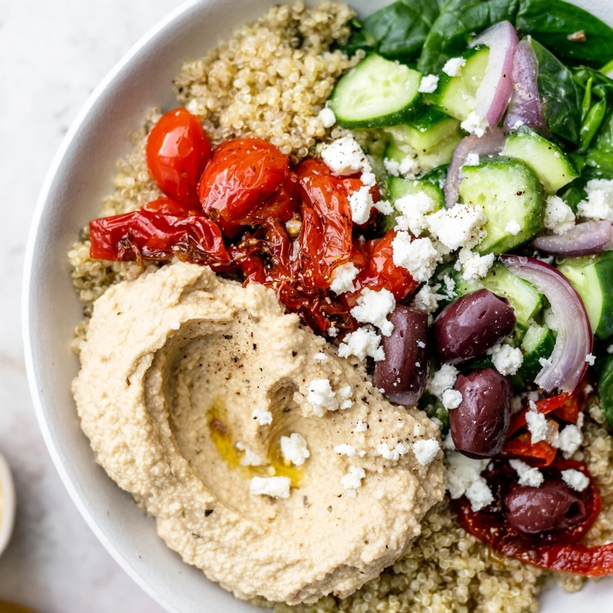 Close-up of a Mediterranean Quinoa Bowl topped with feta, olives, and a dollop of creamy hummus.