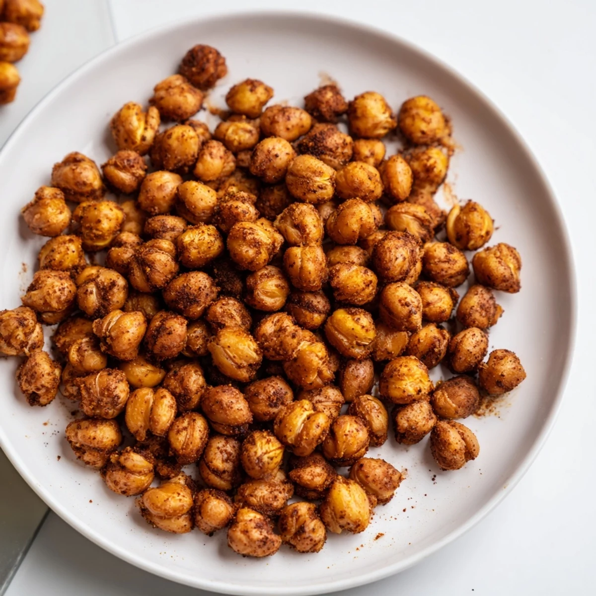 A bowl of spicy roasted chickpeas garnished with cilantro, ready to enjoy as a snack.