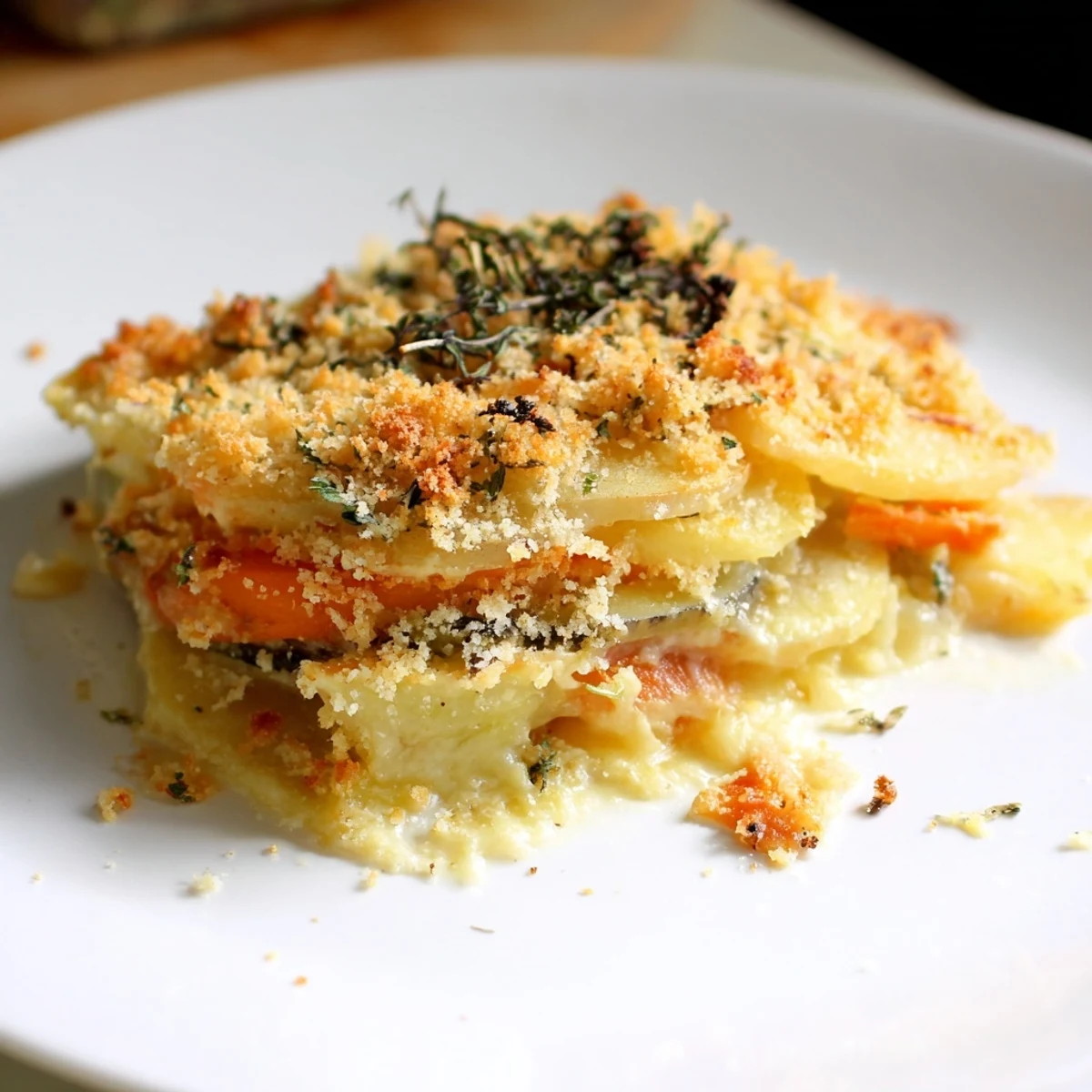 Golden-baked Winter Vegetable Gratin with Gruyere bubbling with creamy cheese, served in a rustic white dish.