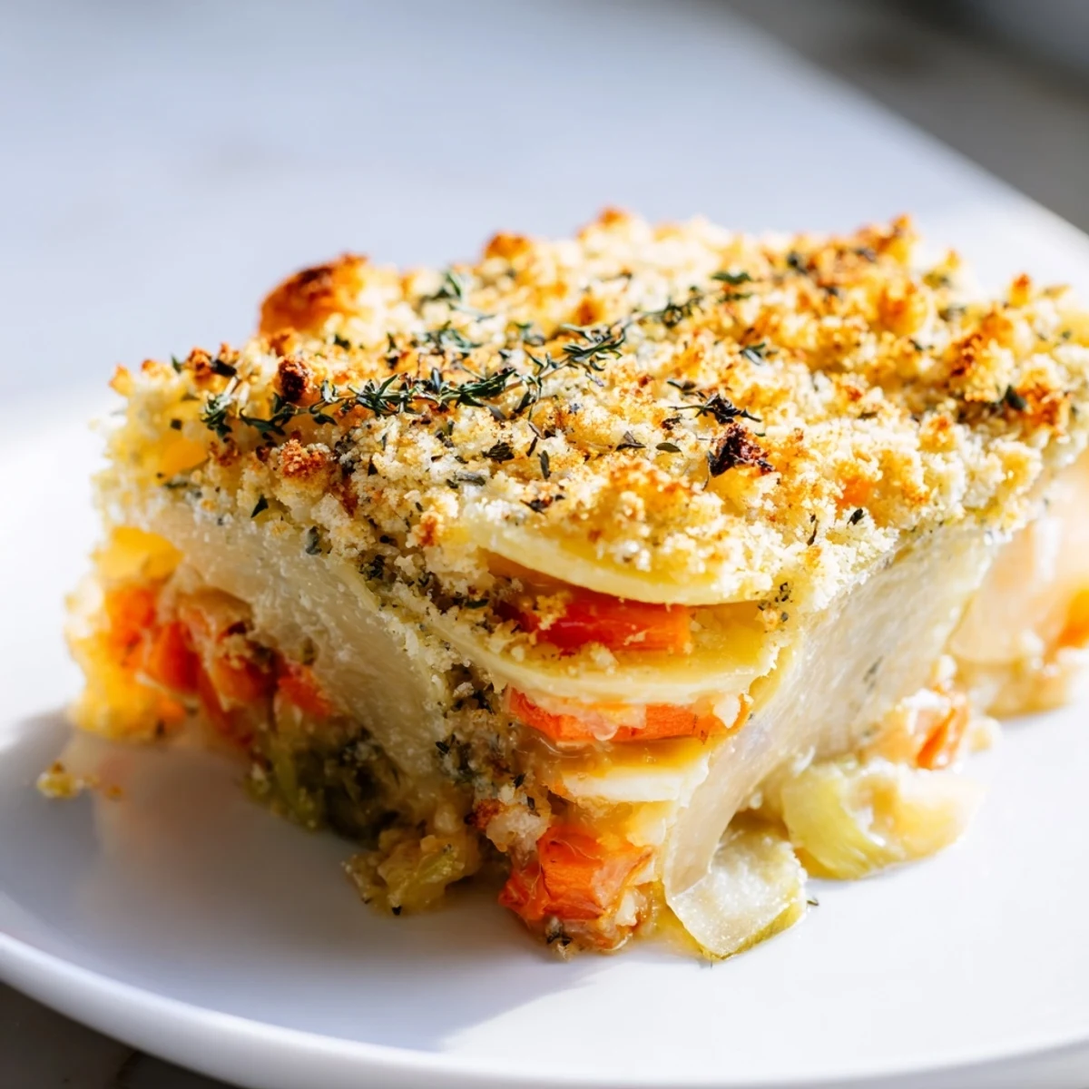 Sliced potatoes, parsnips, and carrots layered in Winter Vegetable Gratin with Gruyere, topped with crispy breadcrumbs.
