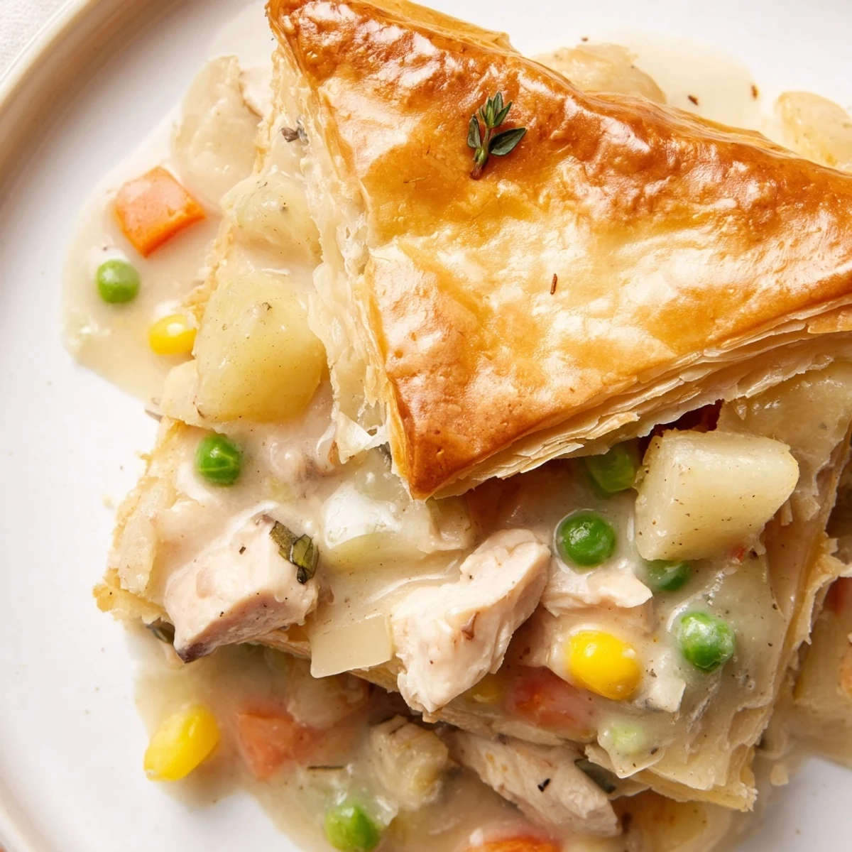 Fresh thyme and parsley garnish this comforting Turkey Pot Pie with Puff Pastry Crust, served hot from the oven with steam rising from the golden top.