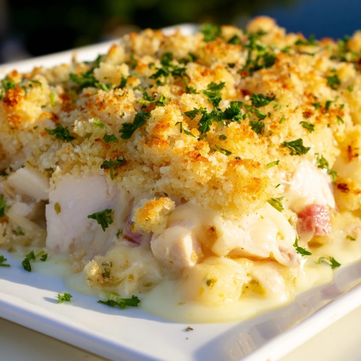 A close-up of a golden-brown Chicken Cordon Bleu Casserole fresh from the oven, featuring bubbly melted mozzarella and visible chunks of tender chicken and turkey.