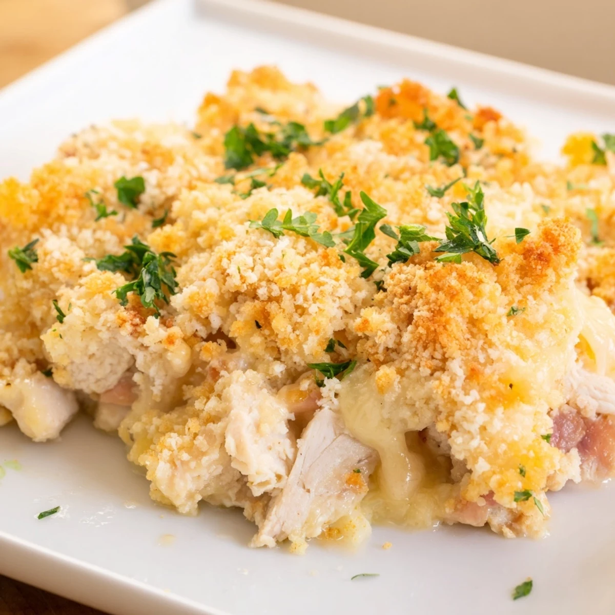 Fresh parsley garnishes this creamy Chicken Cordon Bleu Casserole, with a serving spoon revealing the rich, cheesy layers inside the 9x13 inch baking dish.