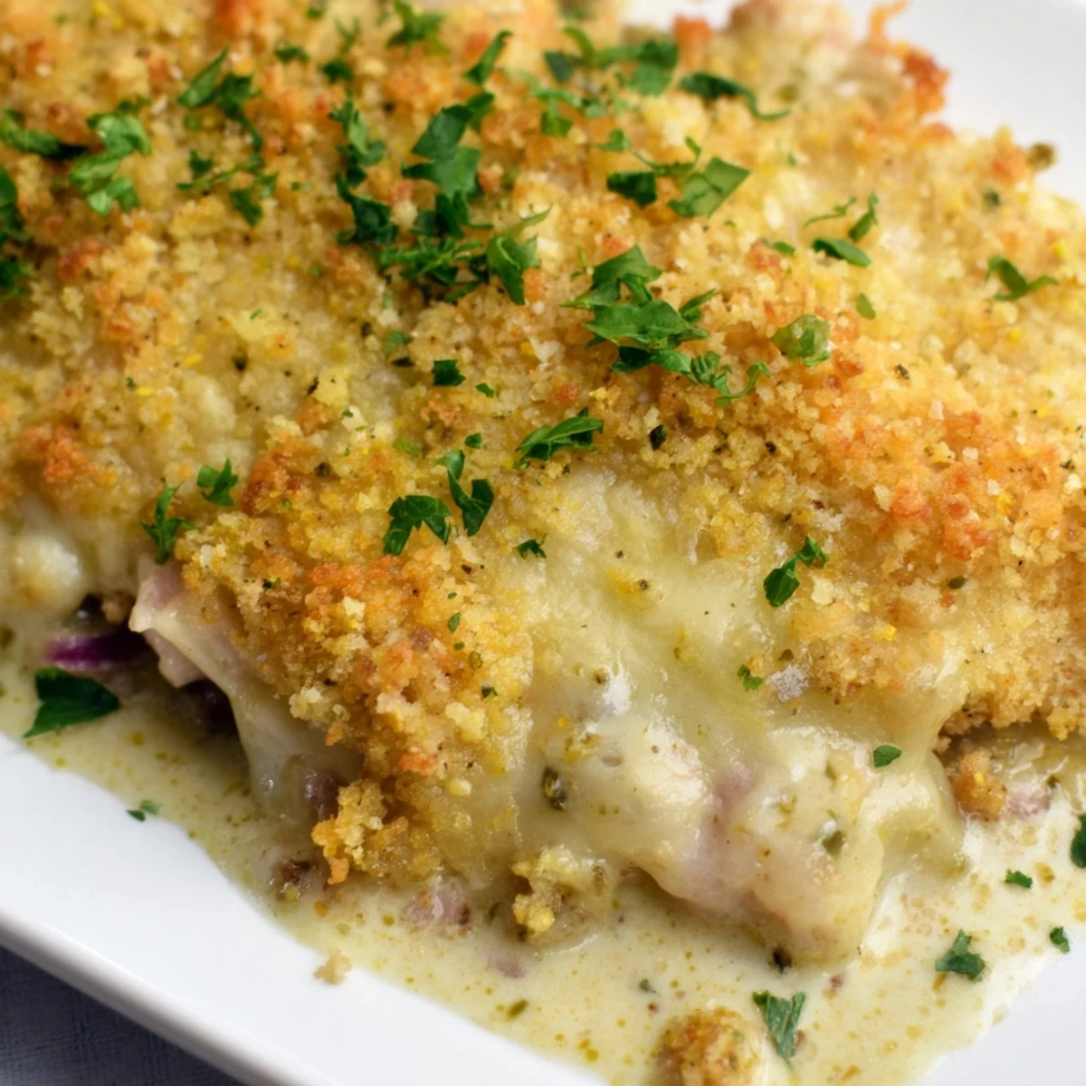 A family-style Chicken Cordon Bleu Casserole with a crispy panko topping, served alongside a crisp green salad for a complete, comforting halal meal.