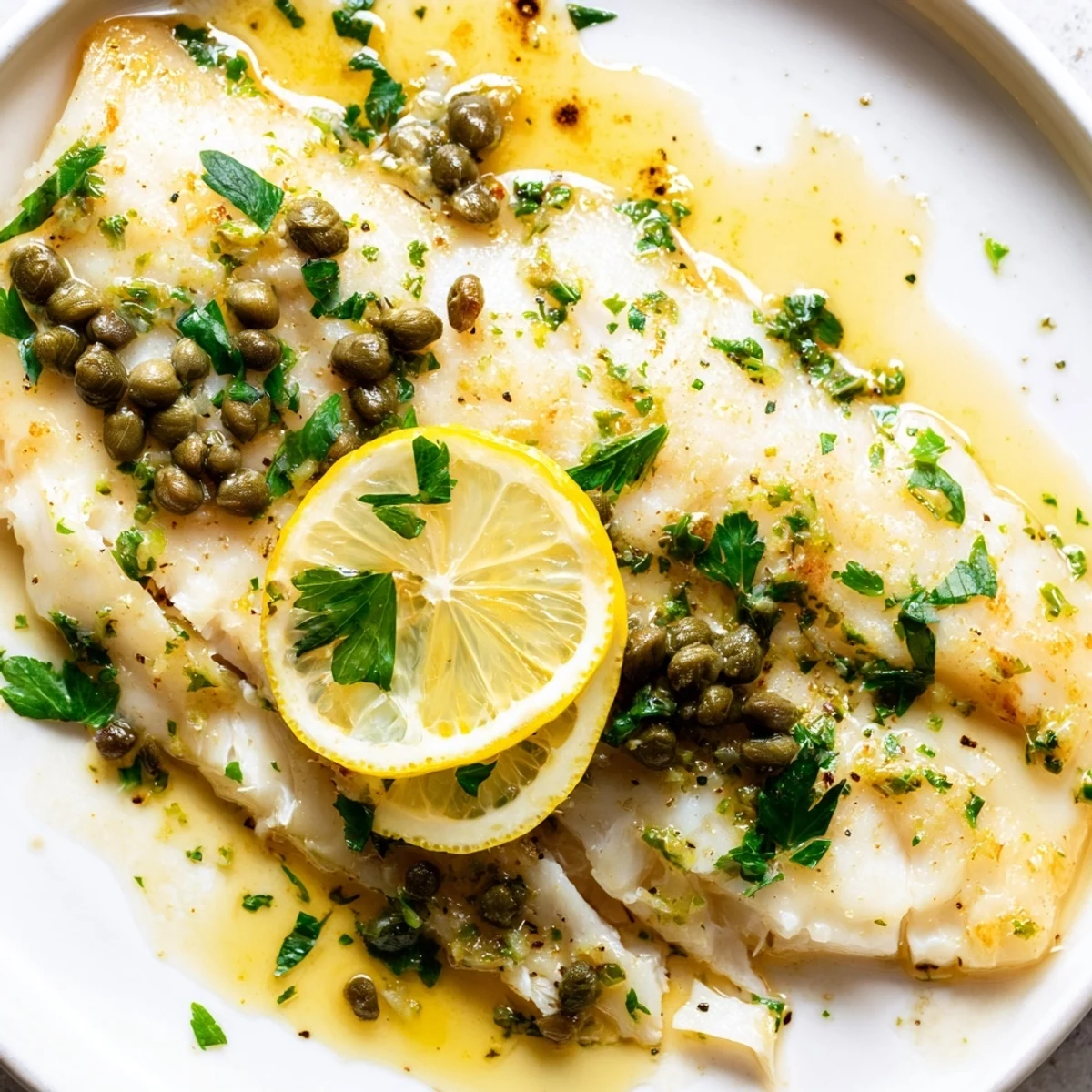 Tender baked haddock fillets glazed with a bright lemon-caper sauce, garnished with fresh parsley and served alongside steamed green beans.