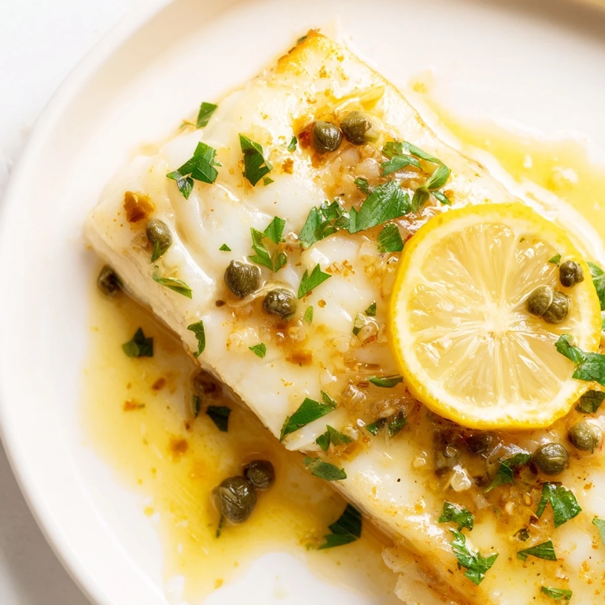 Flaky, oven-baked haddock with a zesty lemon-caper drizzle, presented on a white plate ready for a quick weeknight dinner.