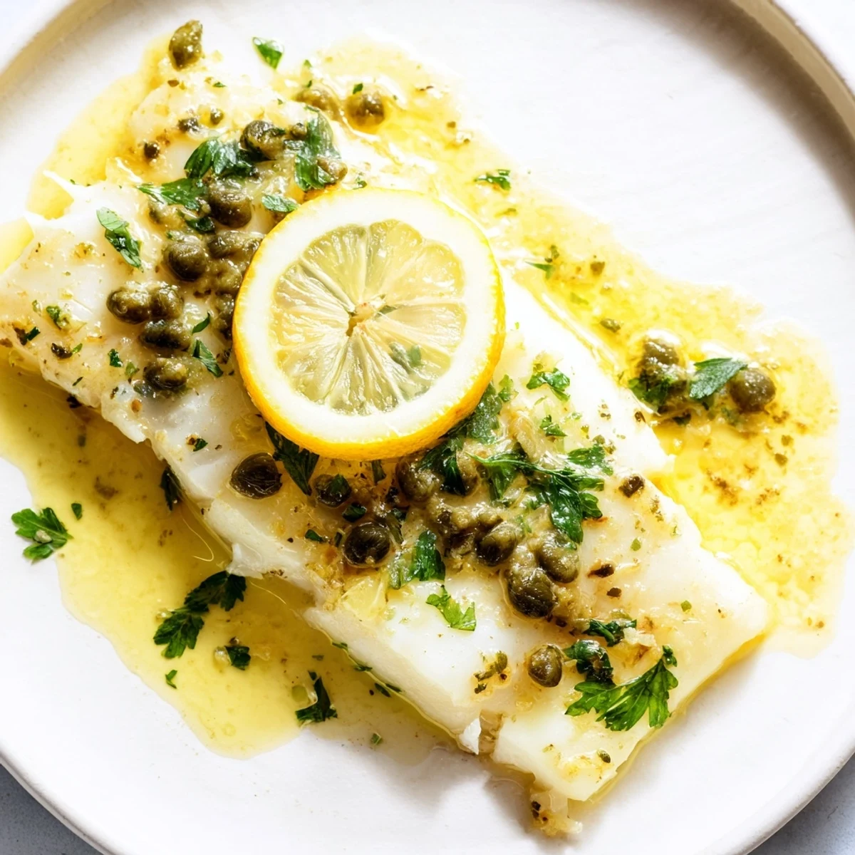 Golden baked haddock fillets coated in a savory lemon-caper butter sauce, garnished with fresh parsley and lemon slices.