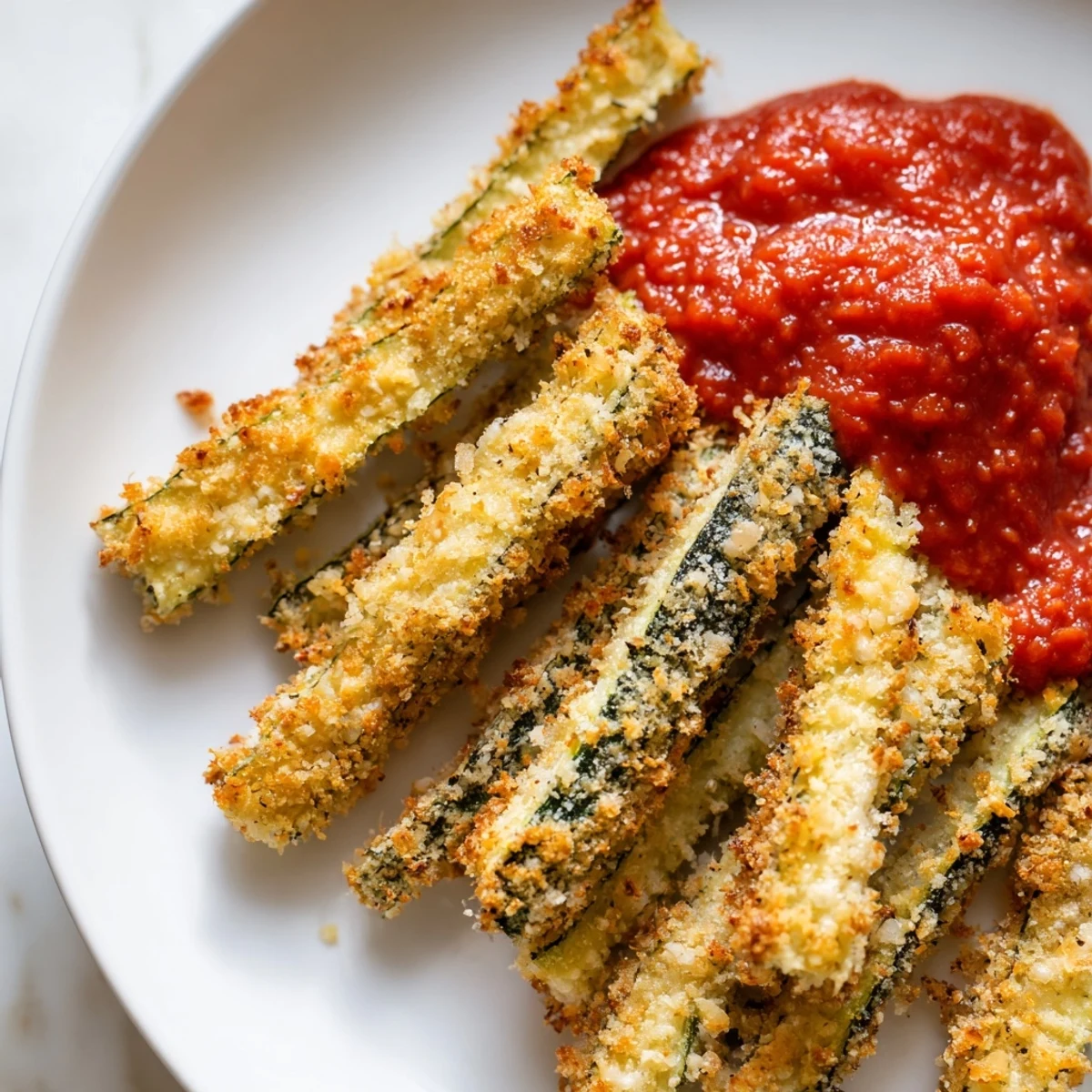 Golden-baked Baked Zucchini Fries with Marinara Sauce arranged on a rustic platter, perfect for a healthy Italian-American appetizer.