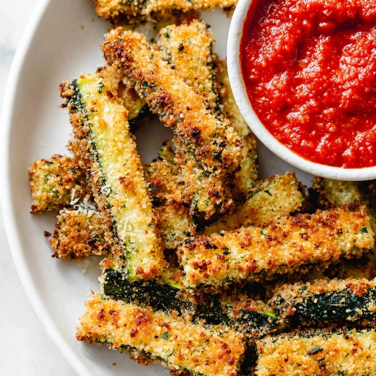 Crisp, golden-baked Baked Zucchini Fries with Marinara Sauce served warm for dipping, offering a delicious vegetarian snack.