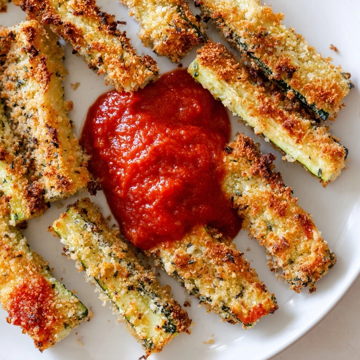 A close-up of golden Baked Zucchini Fries with Marinara Sauce, highlighting a crunchy panko crust and vibrant red dip.