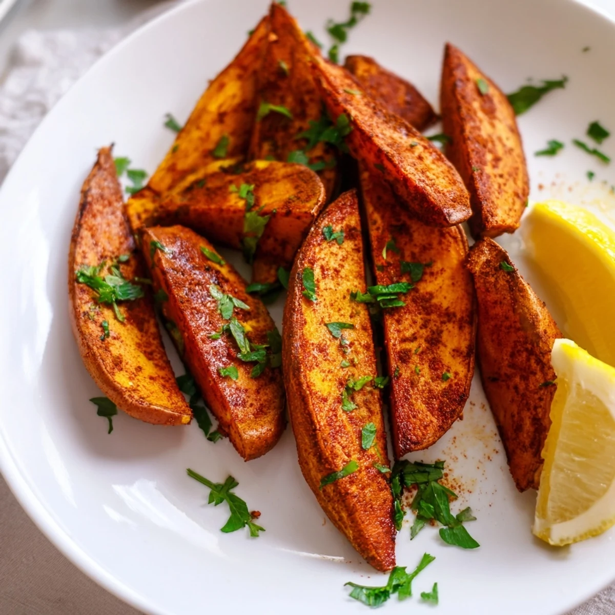 Roasted sweet potato wedges with paprika arranged on a baking sheet, golden-crisp edges glistening with olive oil and smoky spices.