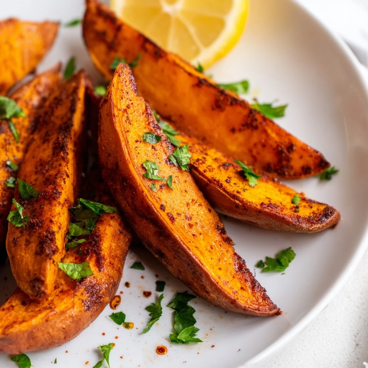 Tender roasted sweet potato wedges with paprika served on a rustic platter, garnished with fresh parsley and bright lemon wedges.
