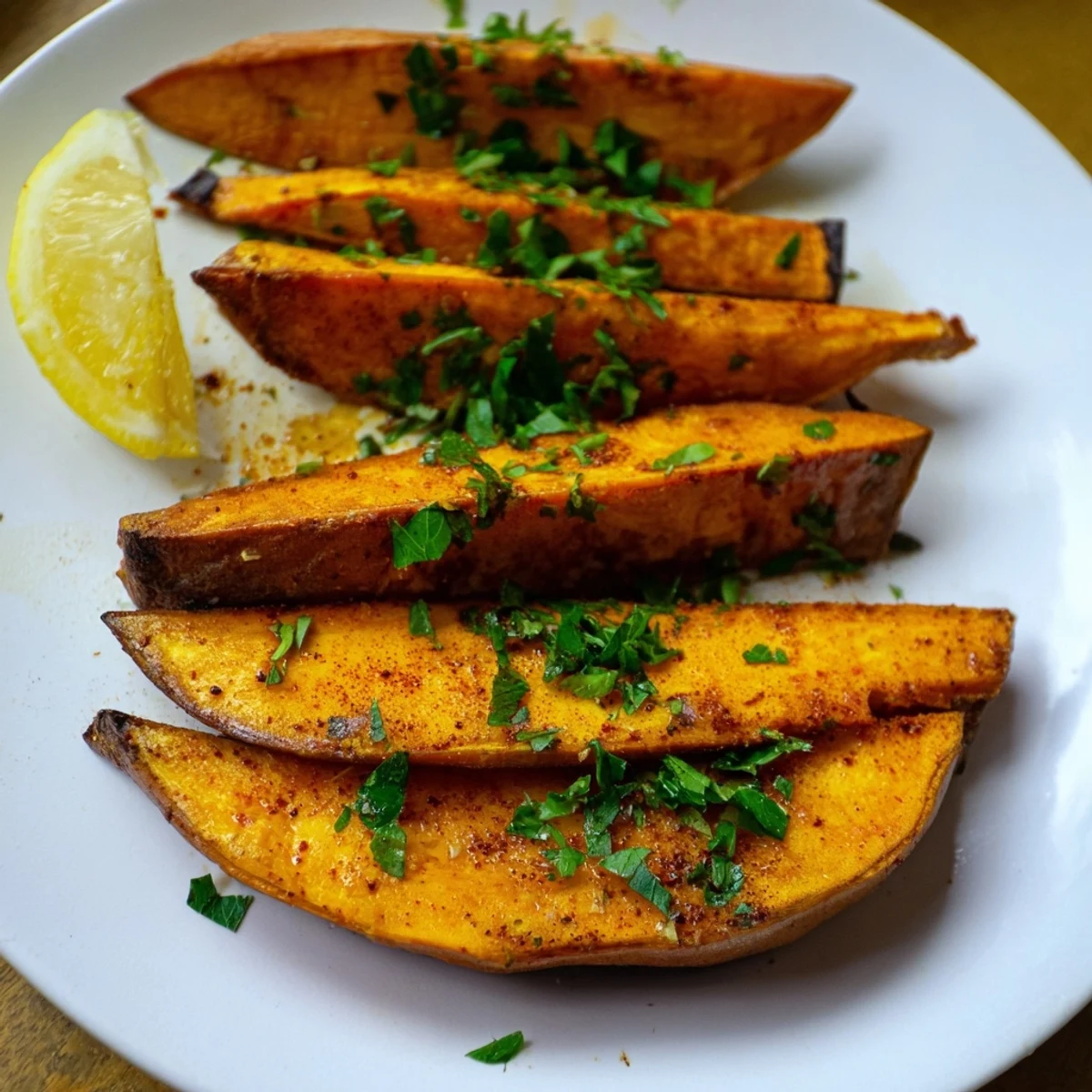 Golden roasted sweet potato wedges with paprika, seasoned with garlic powder and black pepper, ready to dip into creamy yogurt sauce.