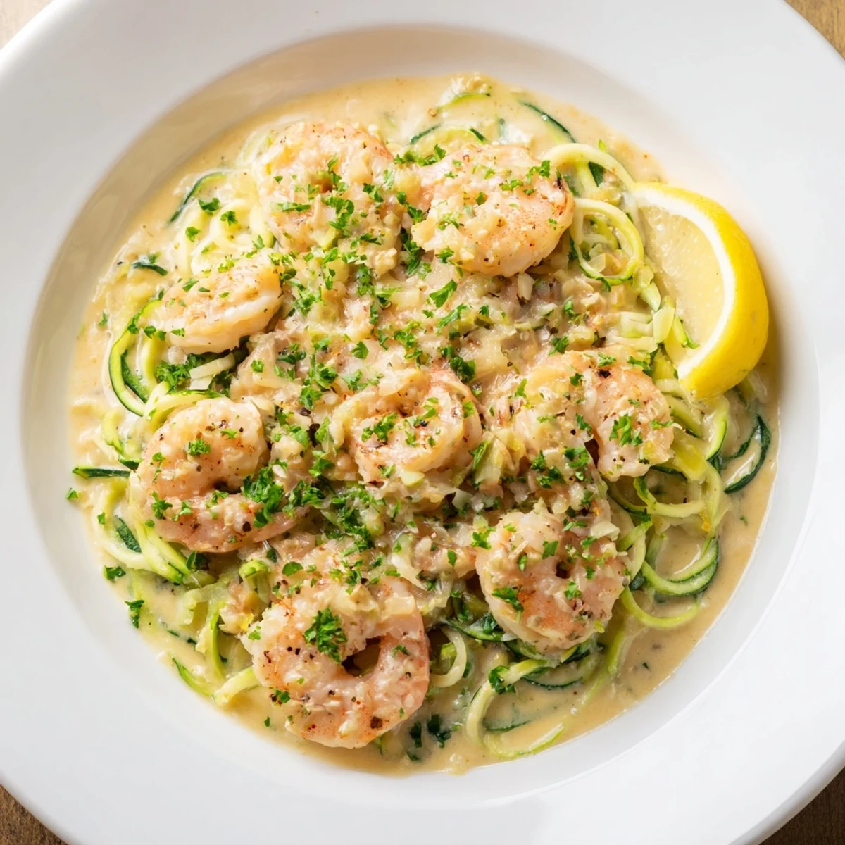 Sautéed shrimp in a creamy garlic sauce swirl through tender zucchini noodles, garnished with fresh parsley and lemon wedges.