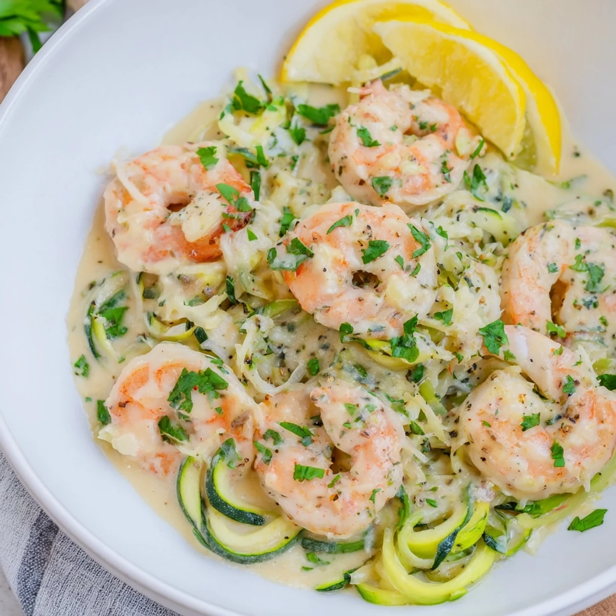 Juicy shrimp nestled over zucchini noodles in a rich garlic cream sauce, speckled with parsley and red pepper flakes.