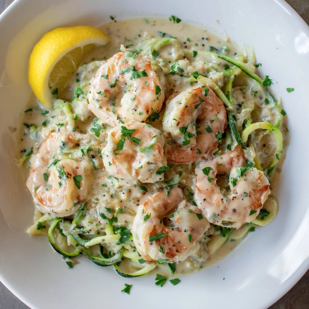Creamy Garlic Shrimp with Zucchini Noodles glistens in a skillet, ready to serve as a low-carb family dinner.