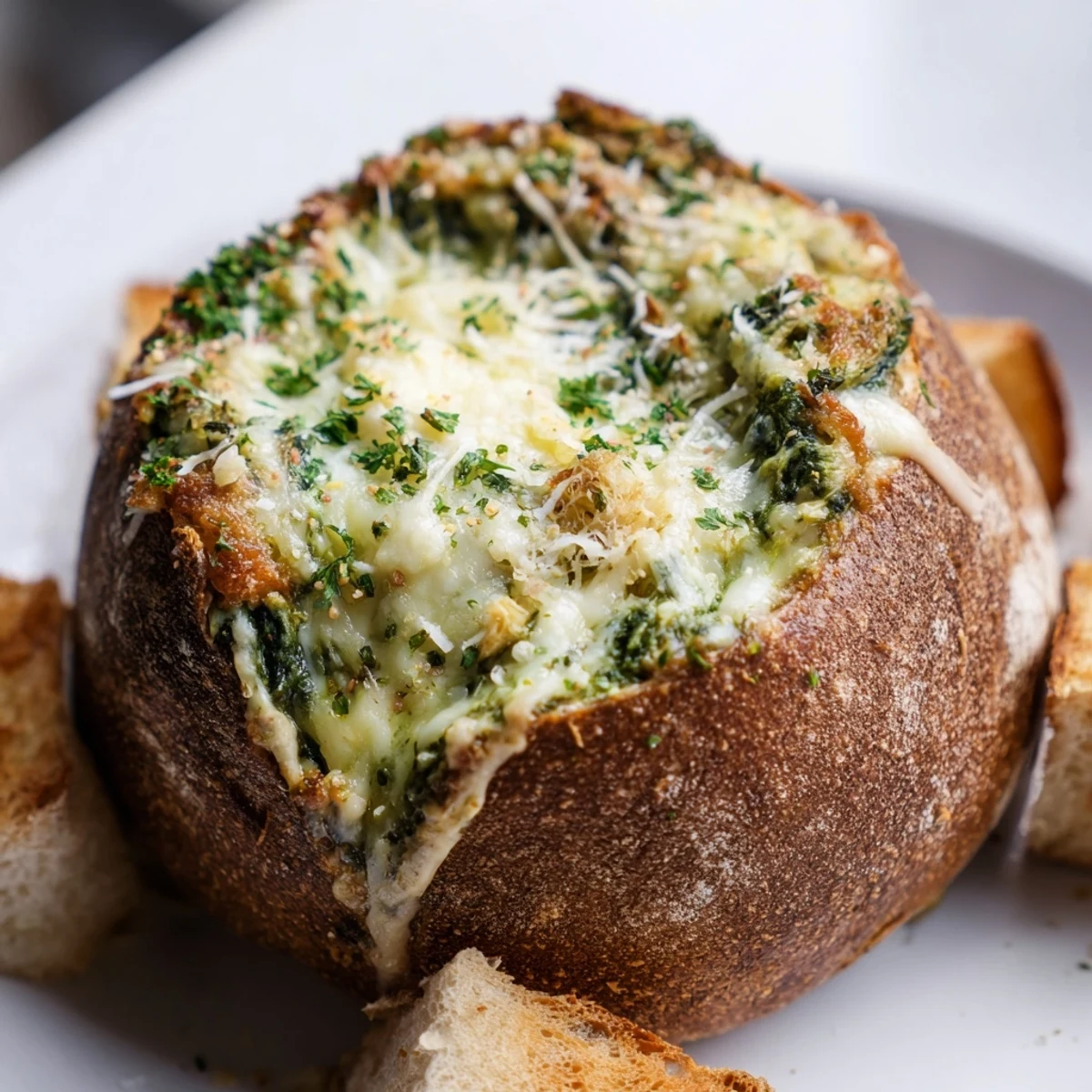 Golden, bubbly Creamy Spinach Dip emerging from the oven, garnished with fresh herbs for a flavorful appetizer.