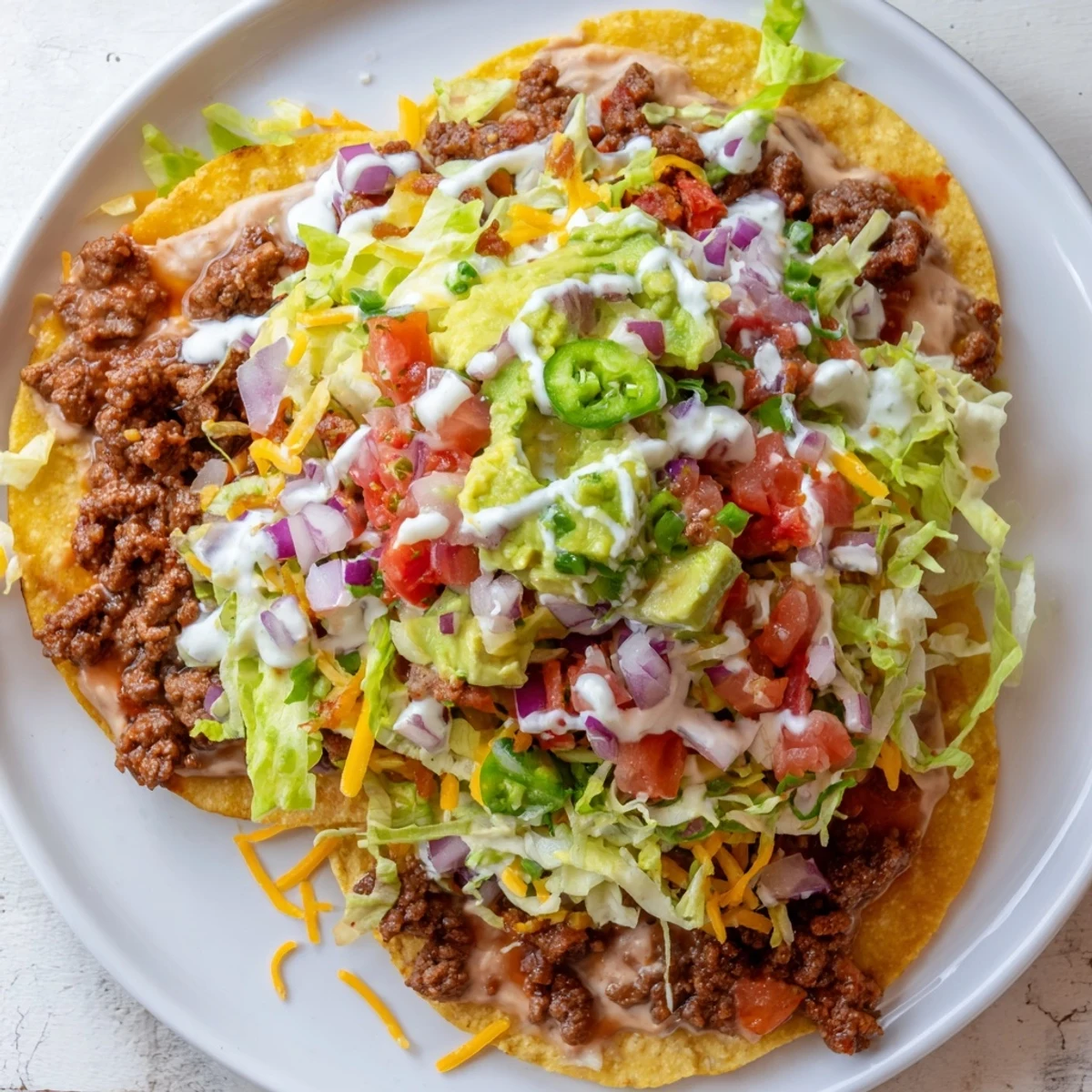 Golden Beef Tostadas with refried beans feature seasoned ground beef, avocado slices, and a dollop of sour cream on crispy corn shells.