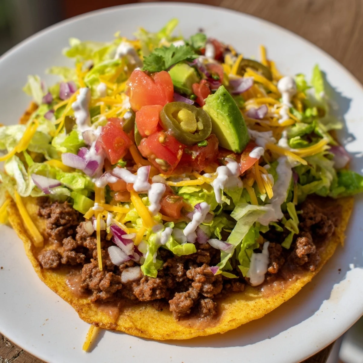 Appetizing Beef Tostadas with refried beans are garnished with cilantro and jalapeños, ready to serve with lime wedges for a zesty finish.