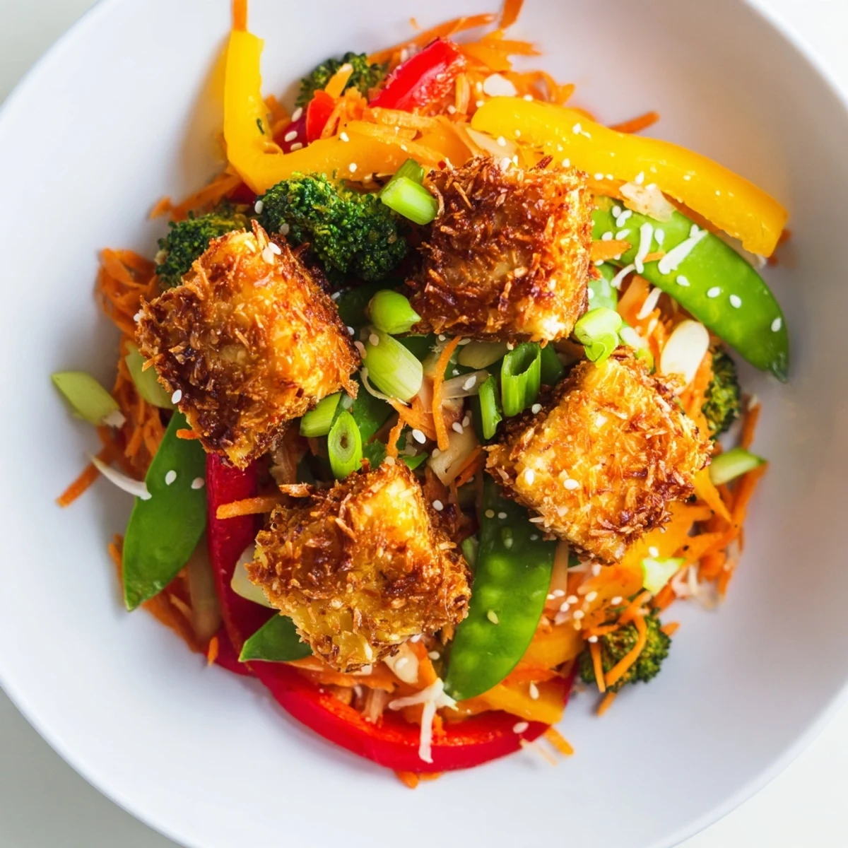 Freshly baked golden tofu and crunchy stir-fry veggies are plated with lime wedges and toasted sesame seeds for serving.