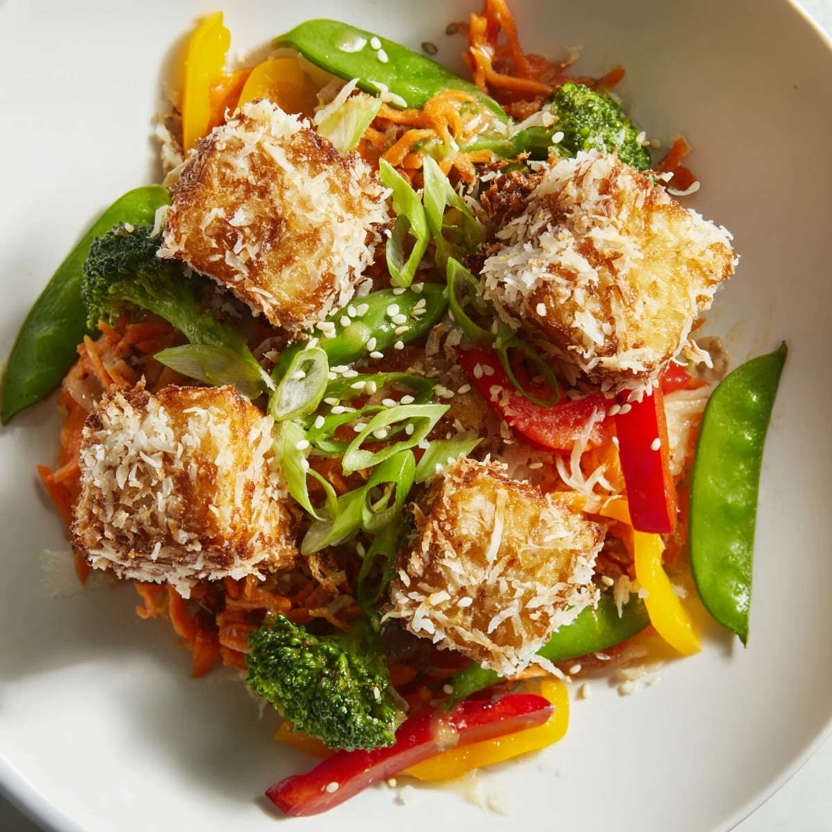 Oven-baked tofu cubes with coconut crust sit atop a warm skillet of crisp vegetables and a glossy soy-lime glaze.
