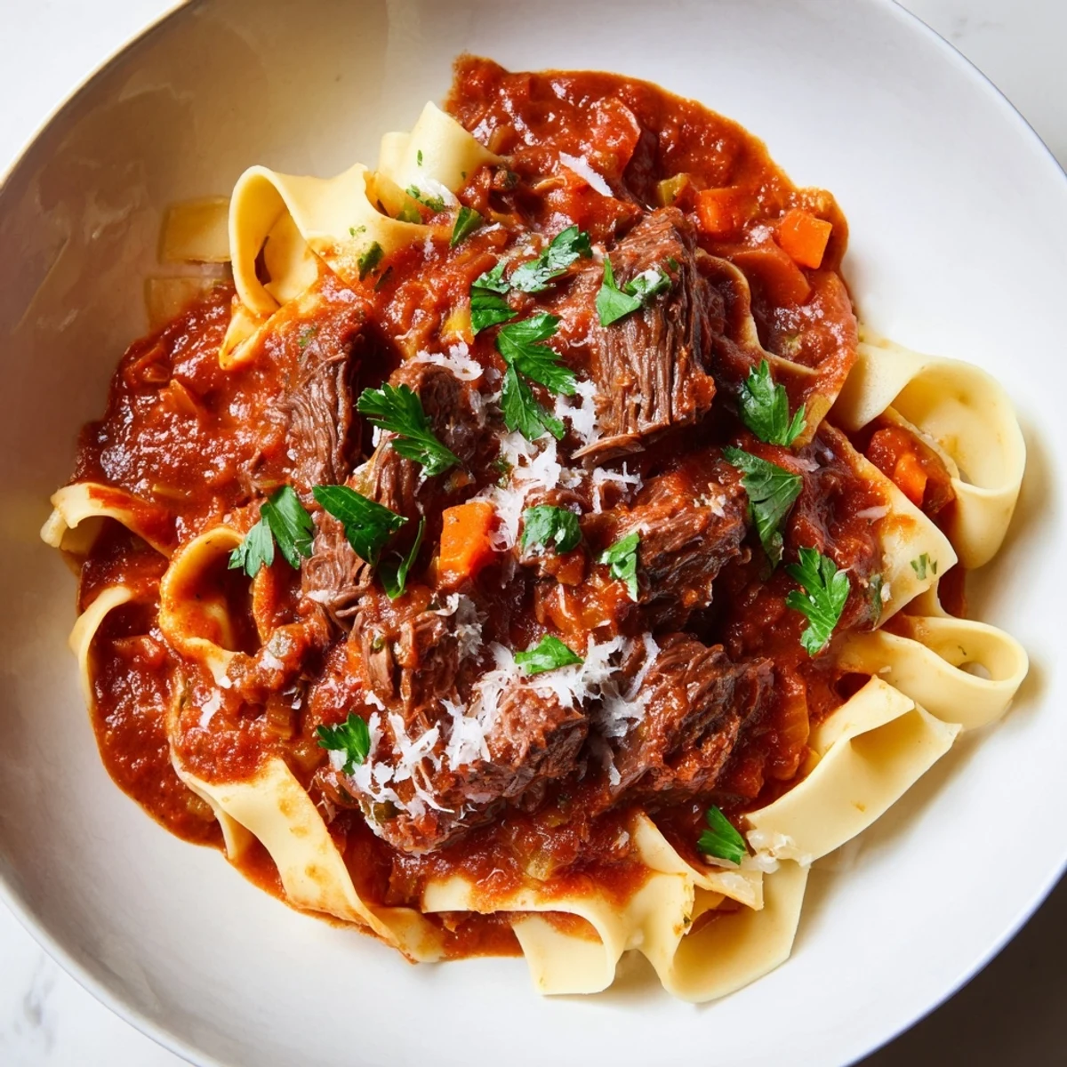 Steaming Slow Cooker Beef Ragu with Pappardelle pasta, garnished with fresh parsley and grated Parmesan cheese for a hearty meal.
