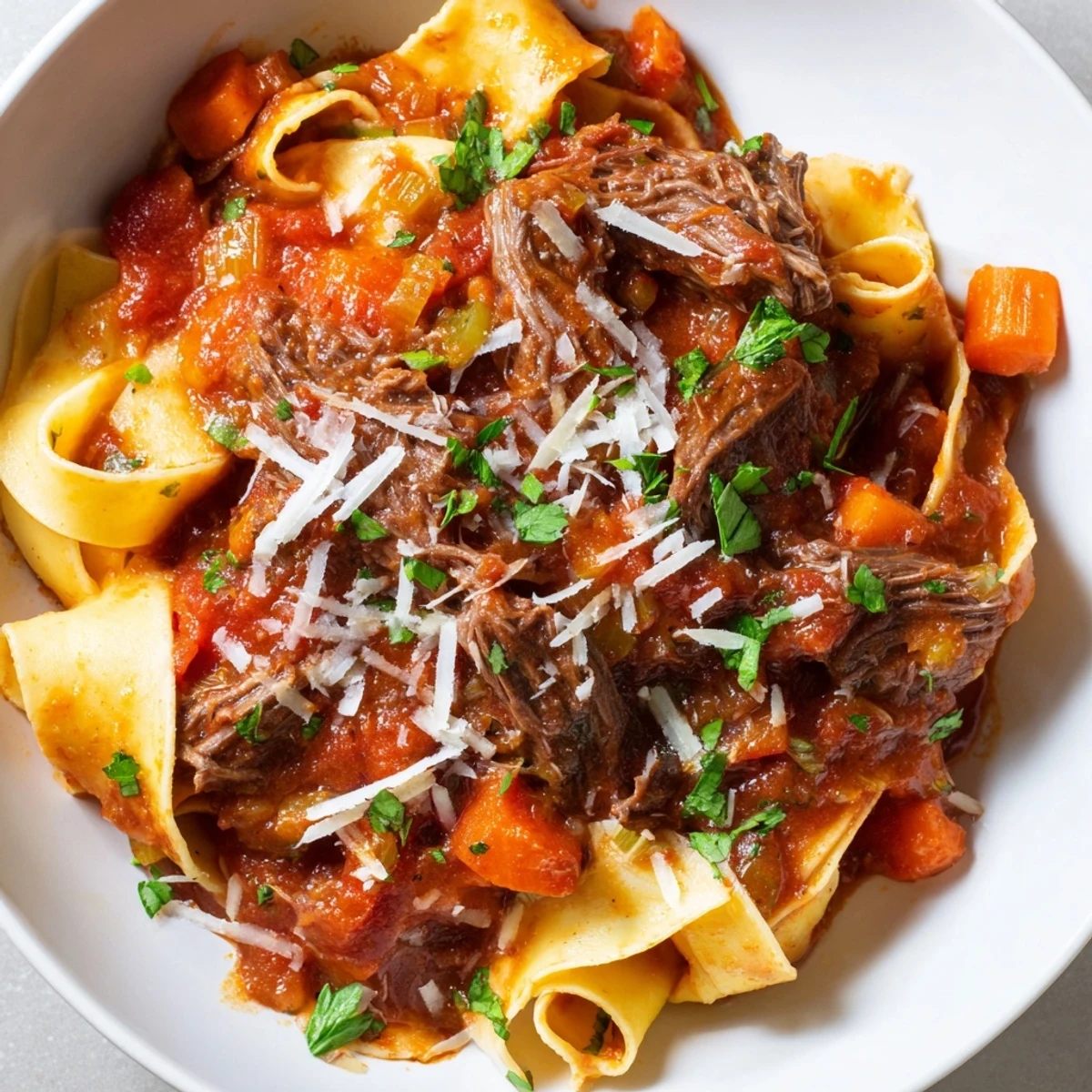 Tender shredded beef in rich tomato sauce served over silky Pappardelle noodles, ready to garnish with fresh parsley and Parmesan.