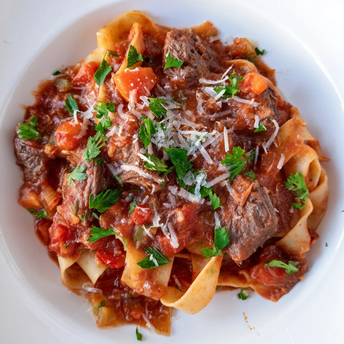 Hearty dinner plate featuring Slow Cooker Beef Ragu with Pappardelle, topped with fresh parsley and plenty of grated Parmesan cheese.
