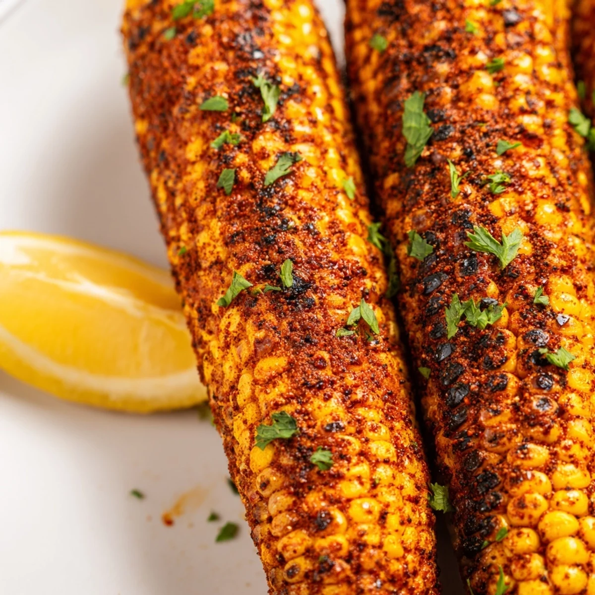 Perfectly roasted Corn on the Cob with Cajun Spices, served hot with fresh parsley and lemon wedges.
