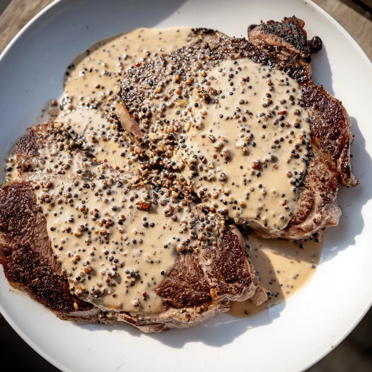 A perfectly seared ribeye steak topped with creamy, peppery peppercorn sauce on a white ceramic plate.
