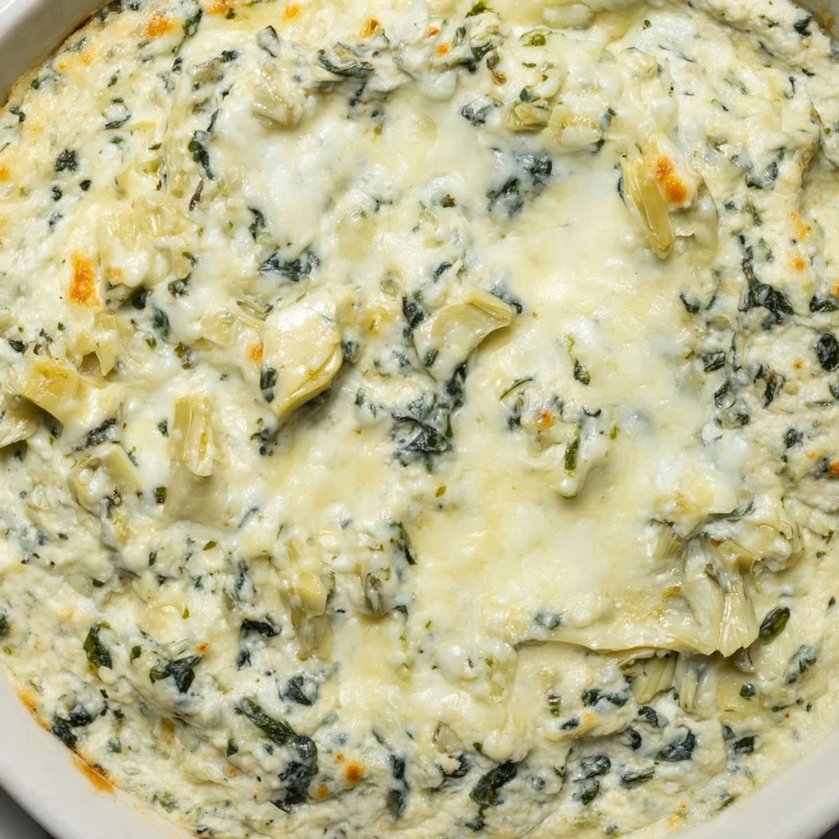 Freshly baked spinach and artichoke dip in a white dish, topped with melted mozzarella and Parmesan cheese.