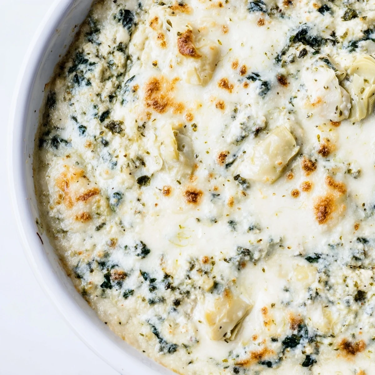 Creamy spinach and artichoke dip with artichoke hearts and spinach, paired with toasted bread slices for dipping.