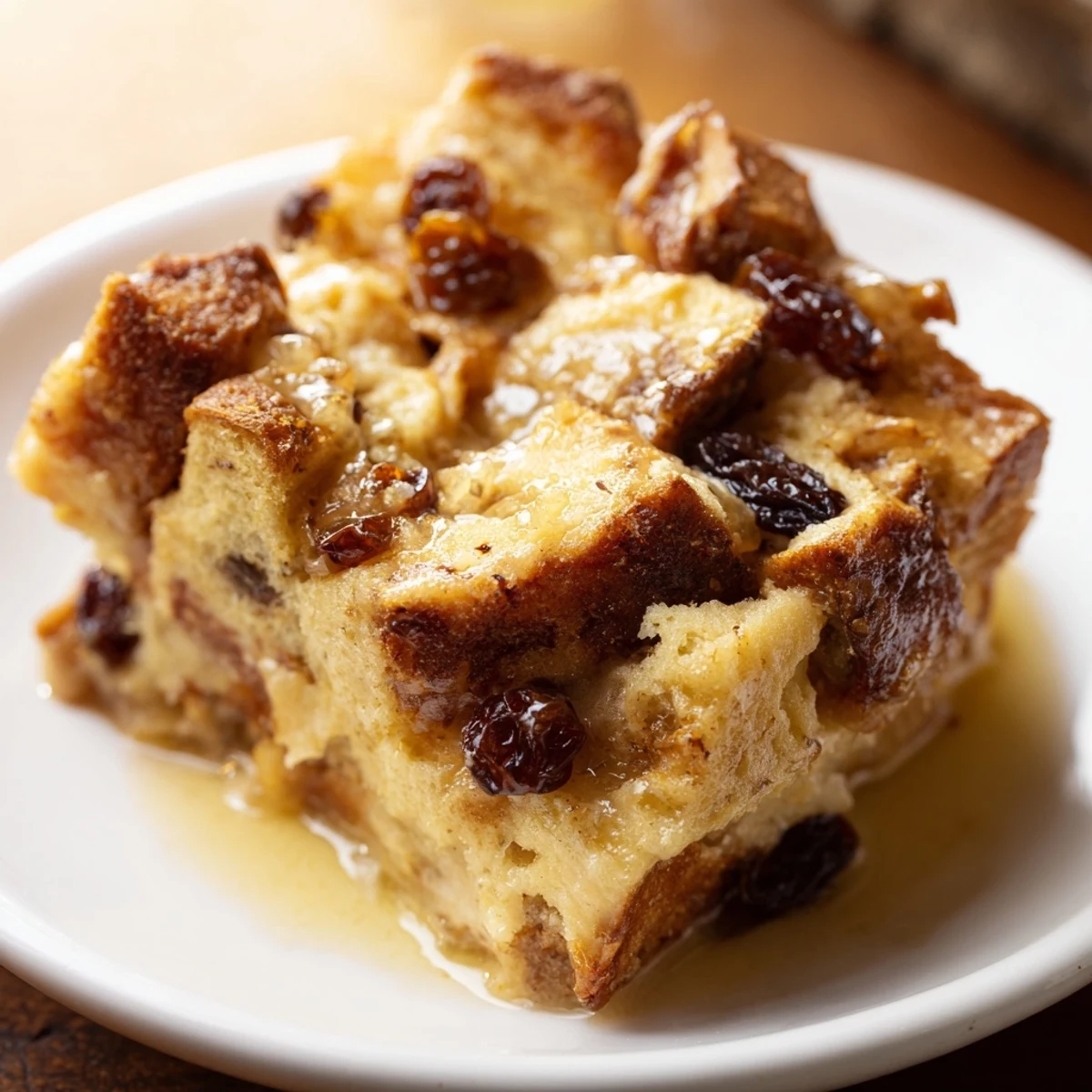 A close-up of a slice of bread pudding with raisins served on a white plate, dusted with powdered sugar.
