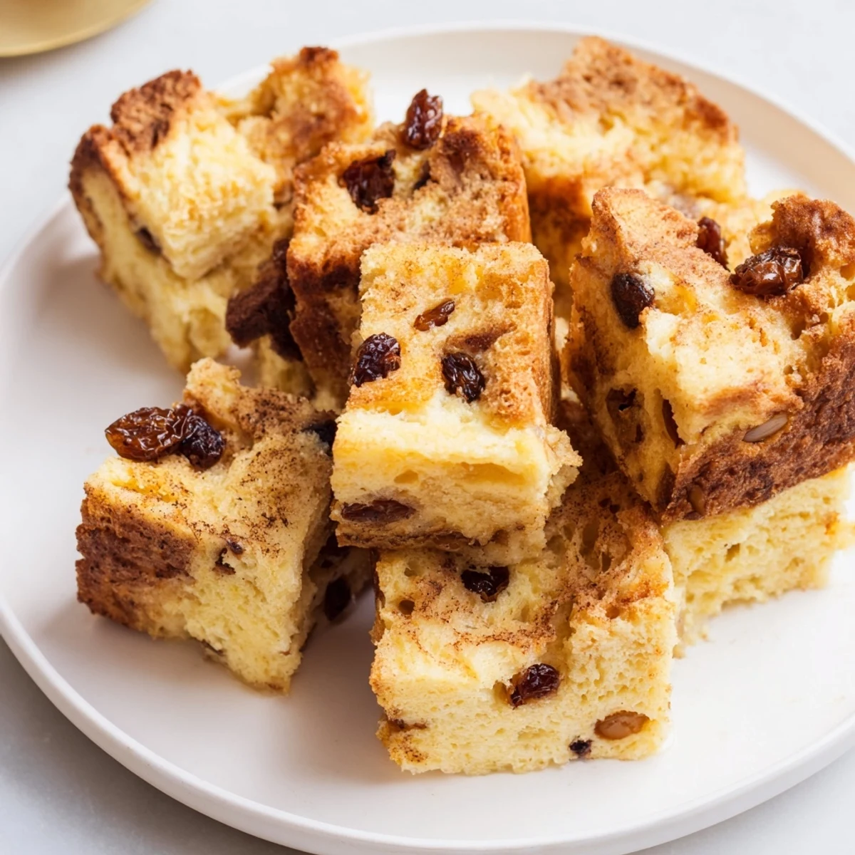 Freshly baked bread pudding with raisins in a glass dish, showing a golden crust and spoonfuls of warm, spiced custard.