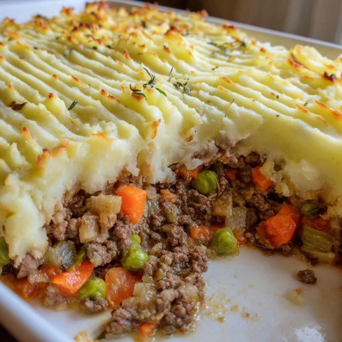 A hearty slice of Shepherds Pie with ground beef reveals layers of rich meat filling beneath creamy, buttery mashed potatoes.