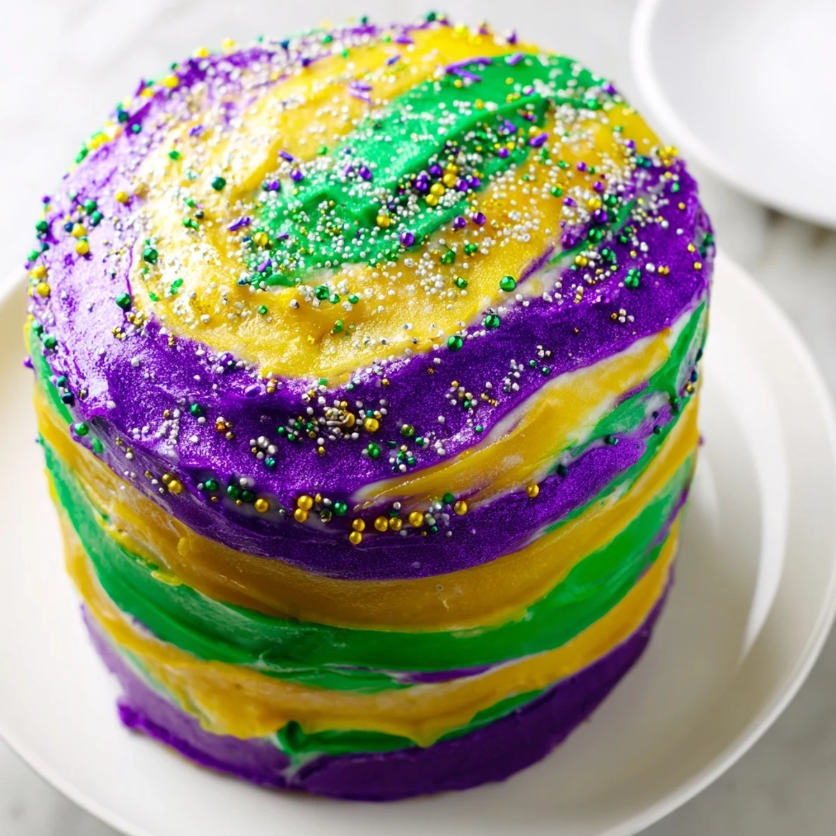 A slice of Mardi Gras Cake with Tricolor Icing shows purple, green, and gold swirls on a fluffy white cake, ready to serve at a festive celebration.