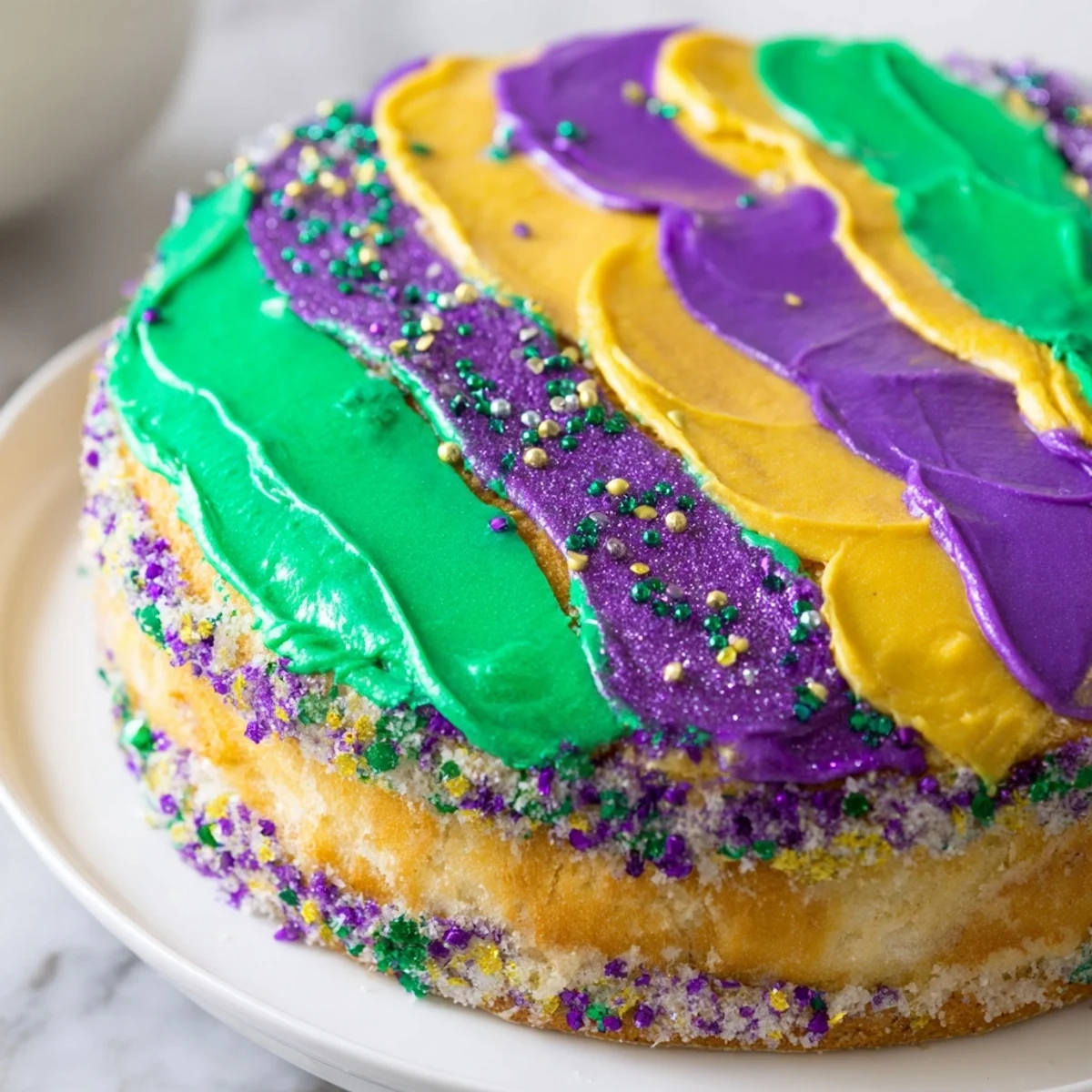 Frosted in vibrant purple, green, and gold icing, a whole Mardi Gras Cake sits on a platter, perfect for a lively Southern dessert spread.